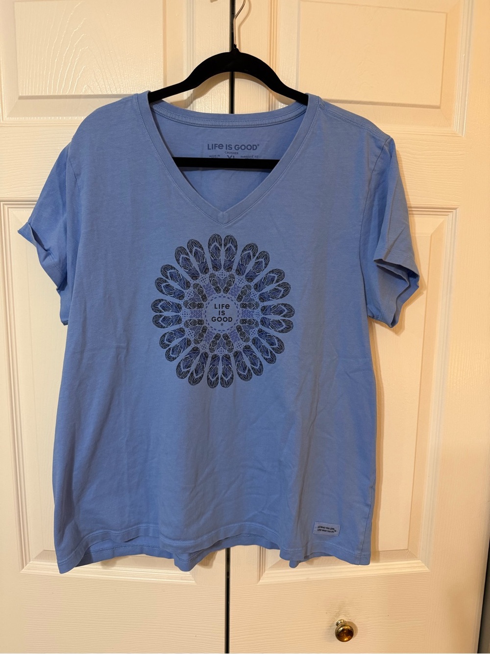 Life Is Good Light Blue V-Neck Tee with Floral Mandala